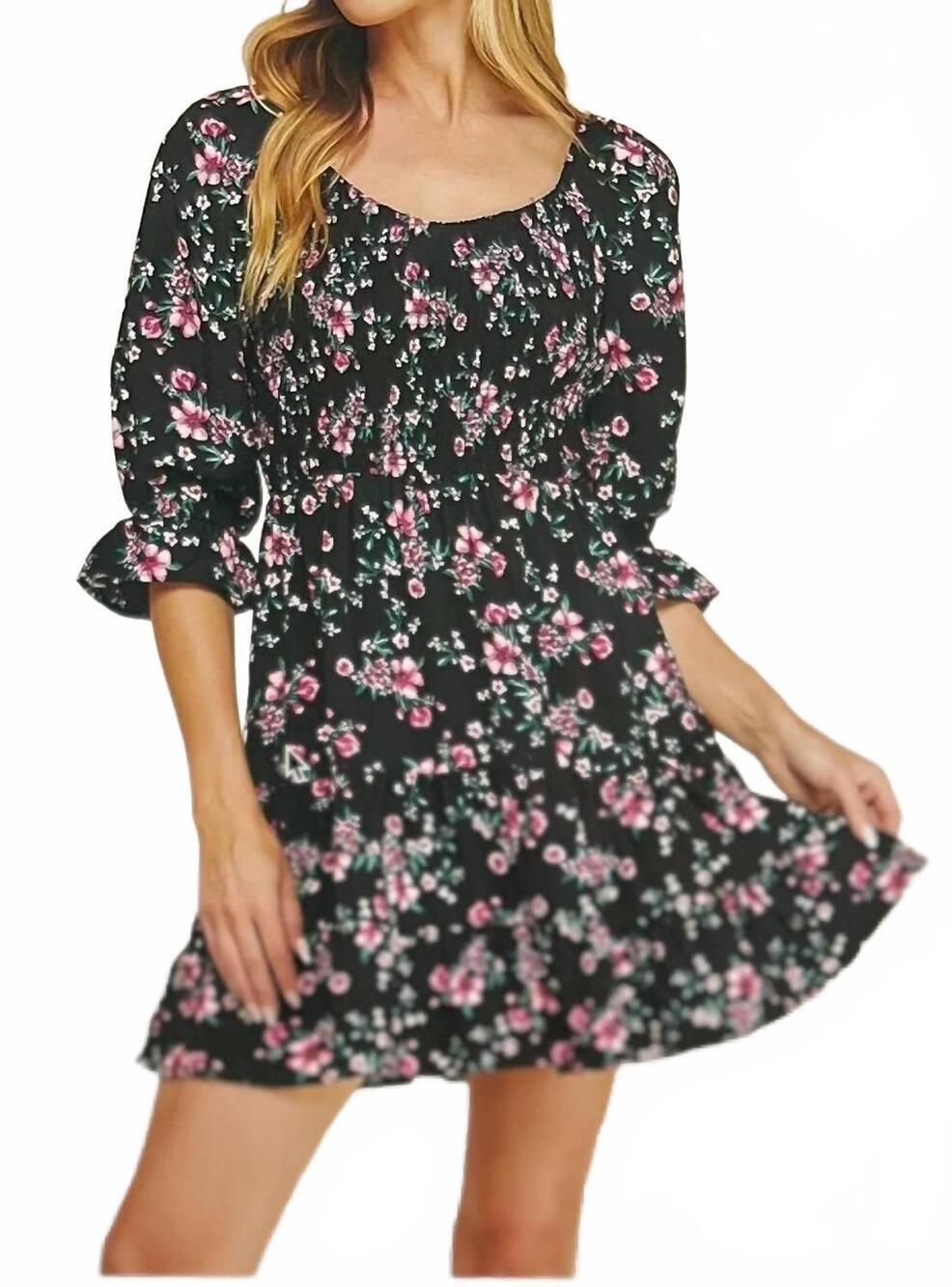 NEW AS U WISH boho blossom mini dress in navy/ pink